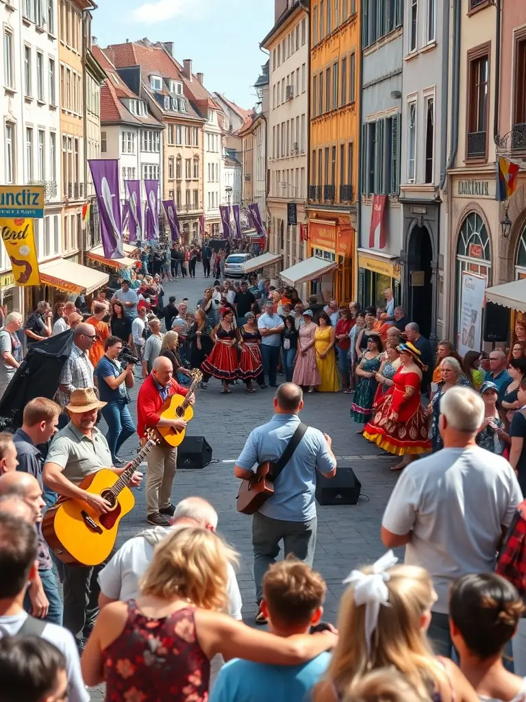 A captivating shot of a street performance during a cultural festival in Caen, featuring musicians and dancers entertaining a diverse crowd in a public space.