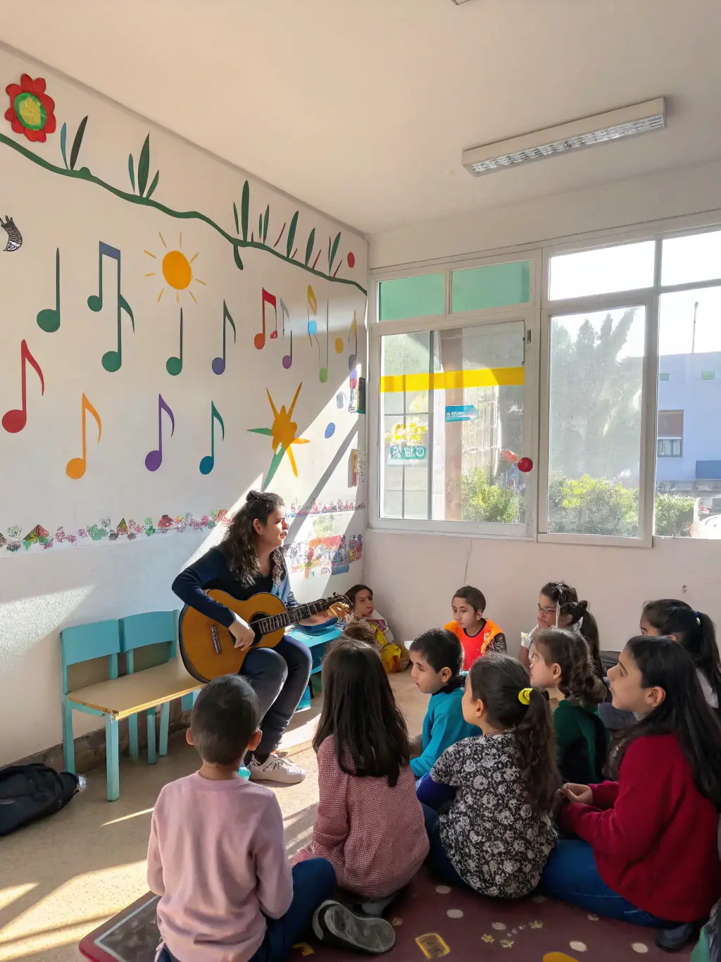 A heartwarming image of children participating in a music education program, learning to play instruments and sing together under the guidance of a skilled instructor.