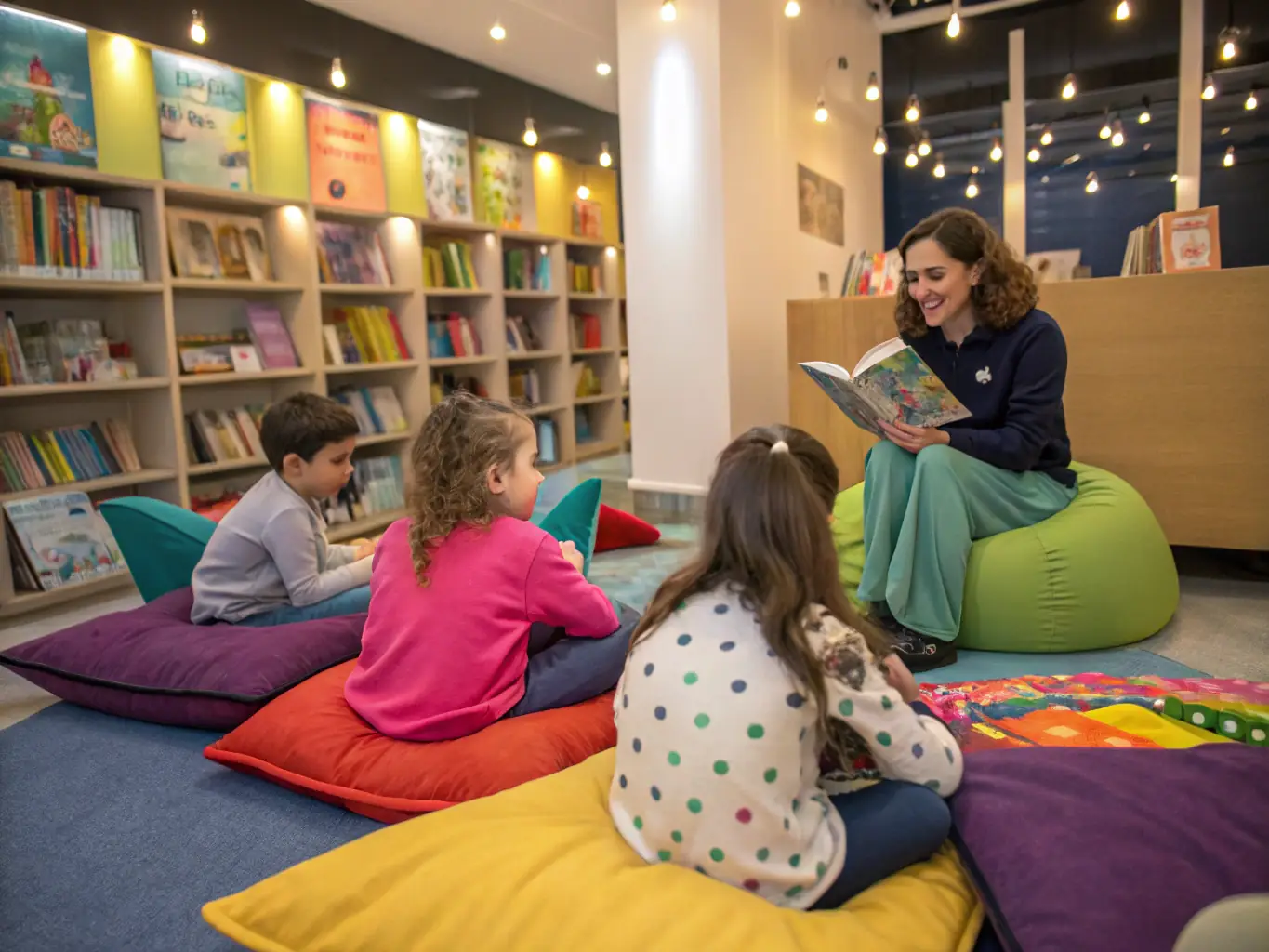 A heartwarming image of children engaged in an interactive storytelling session, with a storyteller animatedly reading from a book and the children listening attentively. The setting is a cozy library or community center, emphasizing the program's focus on literacy and imagination.