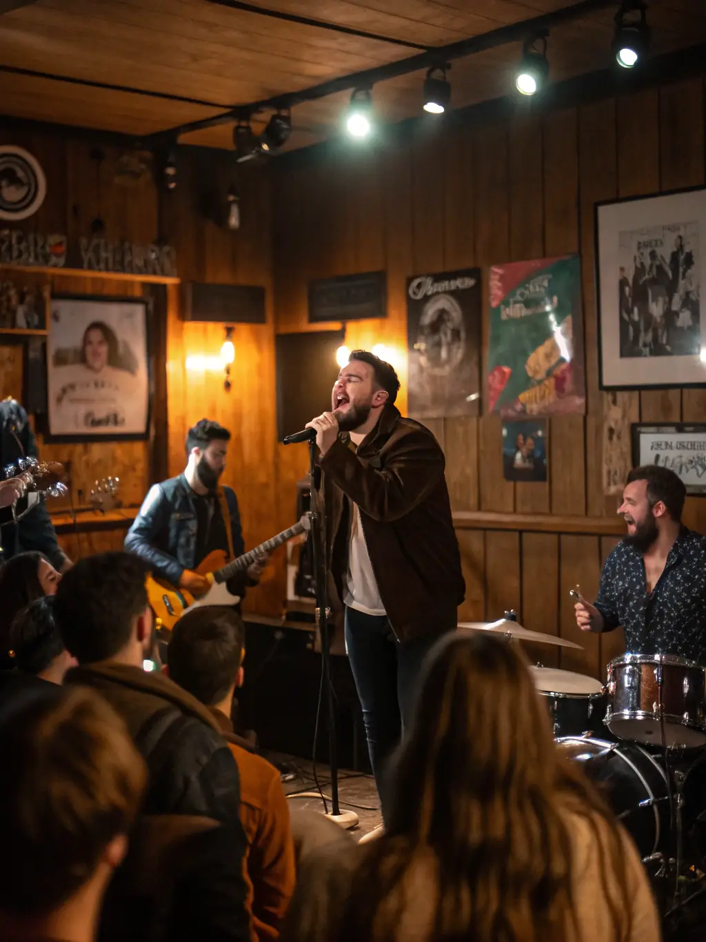A vibrant photograph capturing a live music performance in a cozy, intimate setting in Caen, showcasing a local band on stage with warm lighting and an engaged audience.