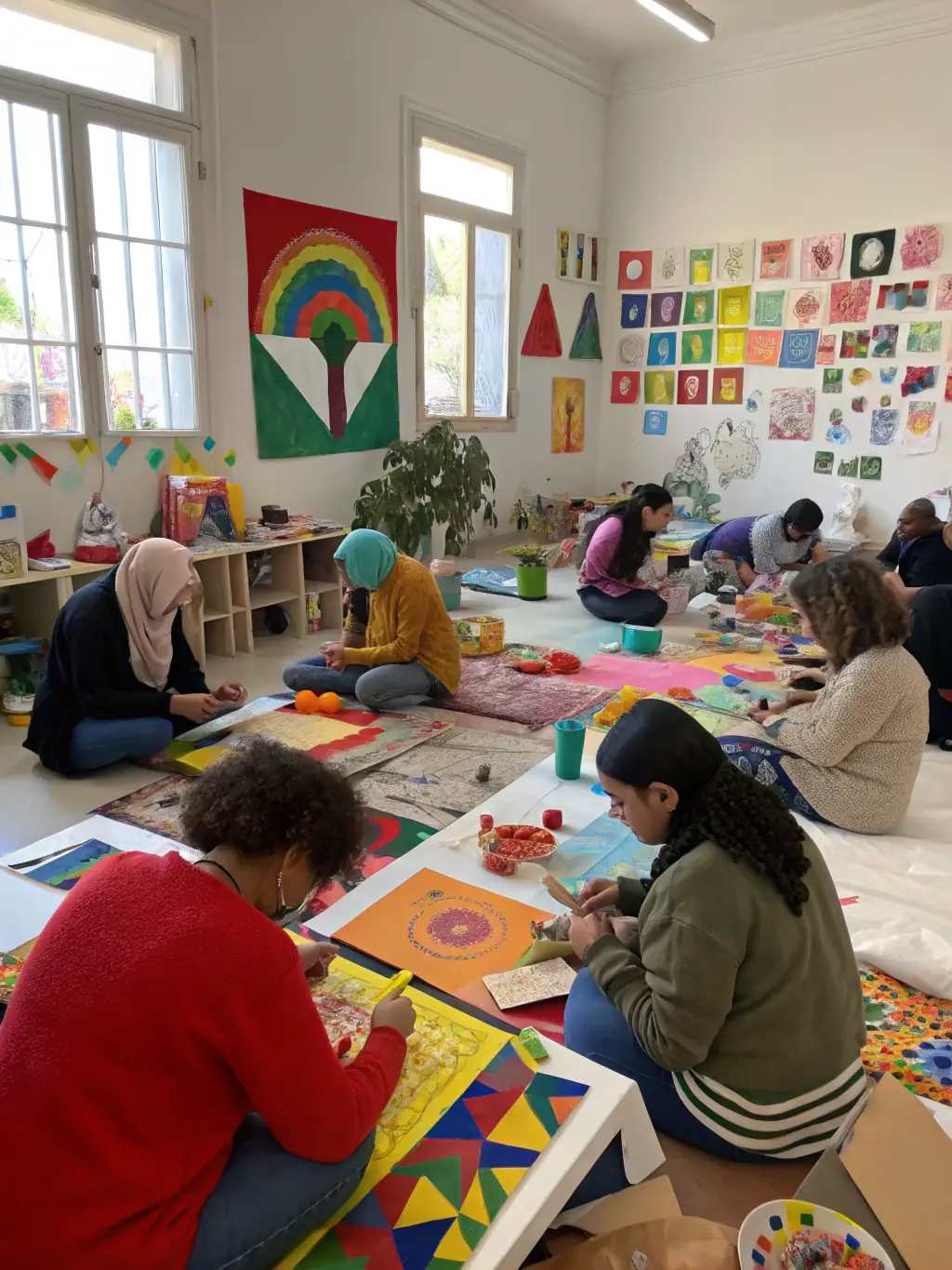 A dynamic image of a community arts workshop in progress, with participants of all ages actively engaged in creating art under the guidance of an instructor.