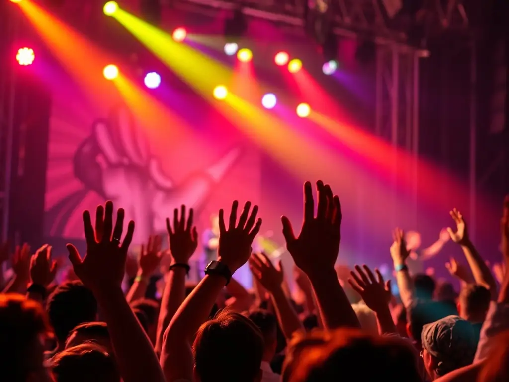 A dynamic photograph capturing a live concert performance, featuring a band on stage with colorful lighting and an enthusiastic audience. The energy of the performance is palpable, showcasing the excitement and community fostered by the organization's live events.