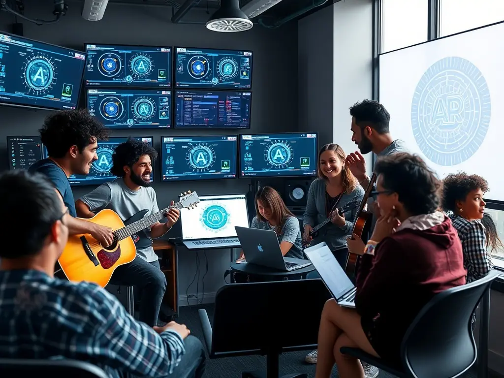 A vibrant image depicting a group of young adults participating in a songwriting workshop, with musical instruments and notebooks scattered around, set in a brightly lit, modern studio. The atmosphere is collaborative and inspiring, reflecting the program's focus on nurturing young talent.